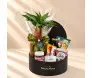 Cesta em box preta com bambu-da-sorte, caneca “Gratidão”, biscoito, chocolates e bebidas