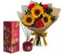 Buquê de girassóis e rosas vermelhas com fita dourada acompanhado de óleo difusor de aromas Velvet Cherry Dani Fernandes, entrega em Belo Horizonte.