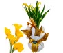 Vaso de callas amarelas com papel decorativo branco e dourado, adornado com fita dourada, representando elegância e vivacidade."
